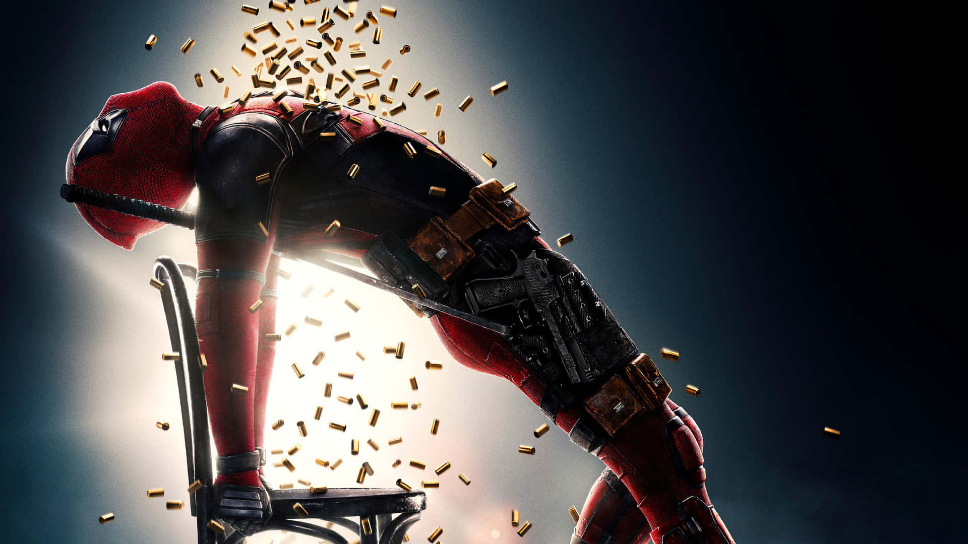 Deadpool Background Leaning And Being Showered With Bullet Shells