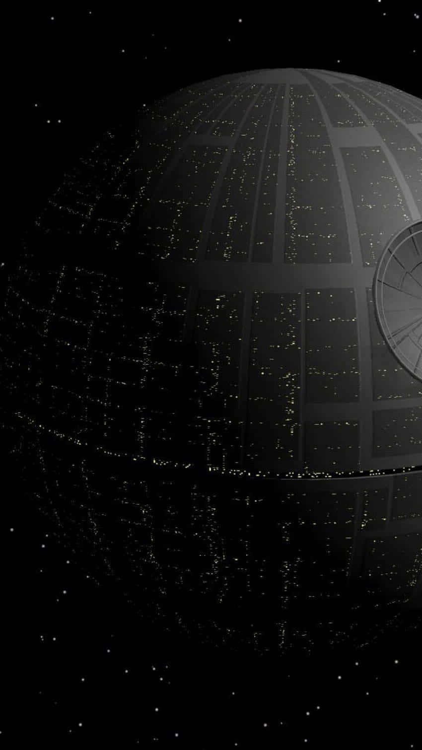 The iconic Death Star looming in the deep space.