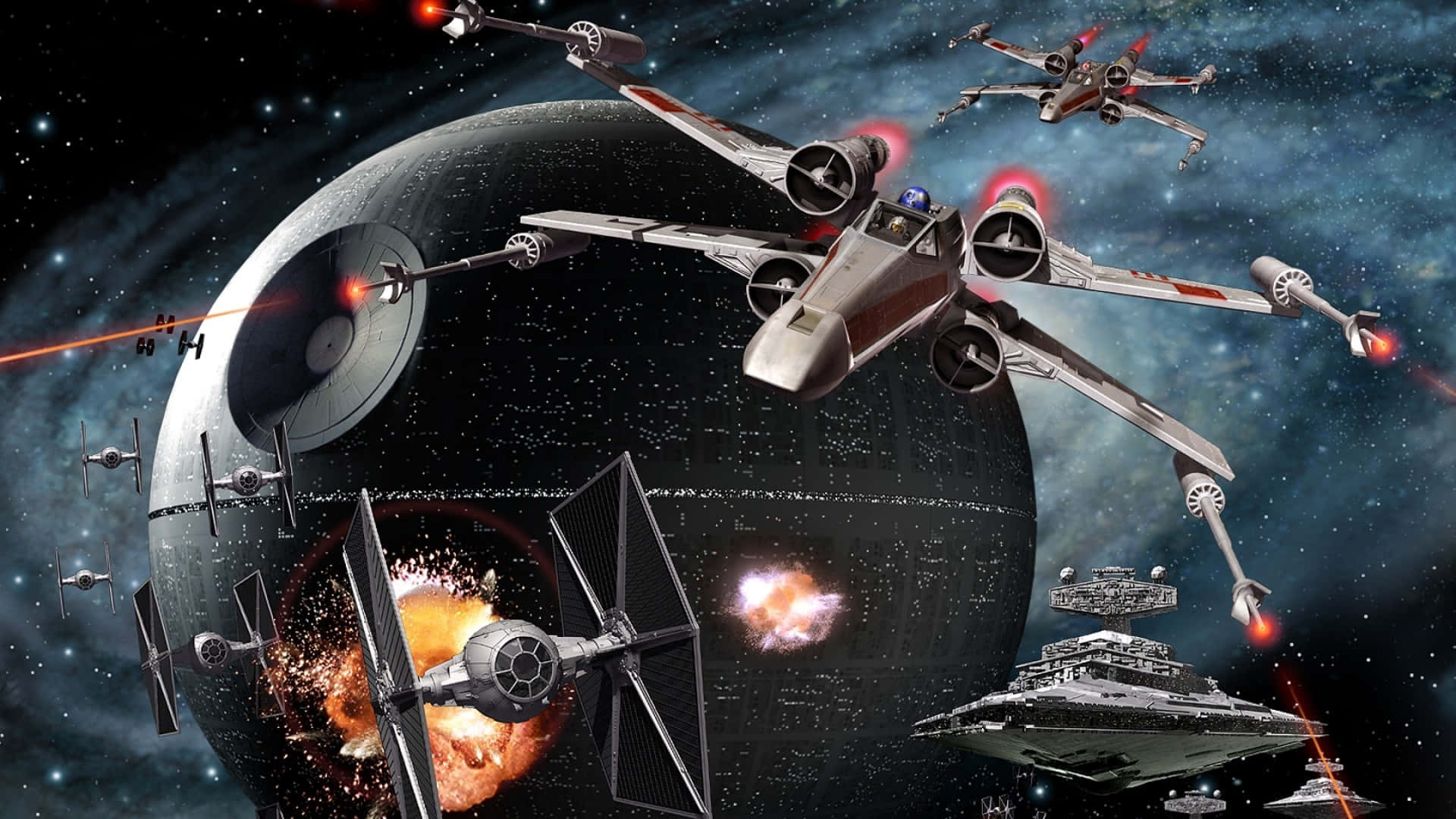 The Death Star II looms over a Star Destroyer in deep space. Wallpaper