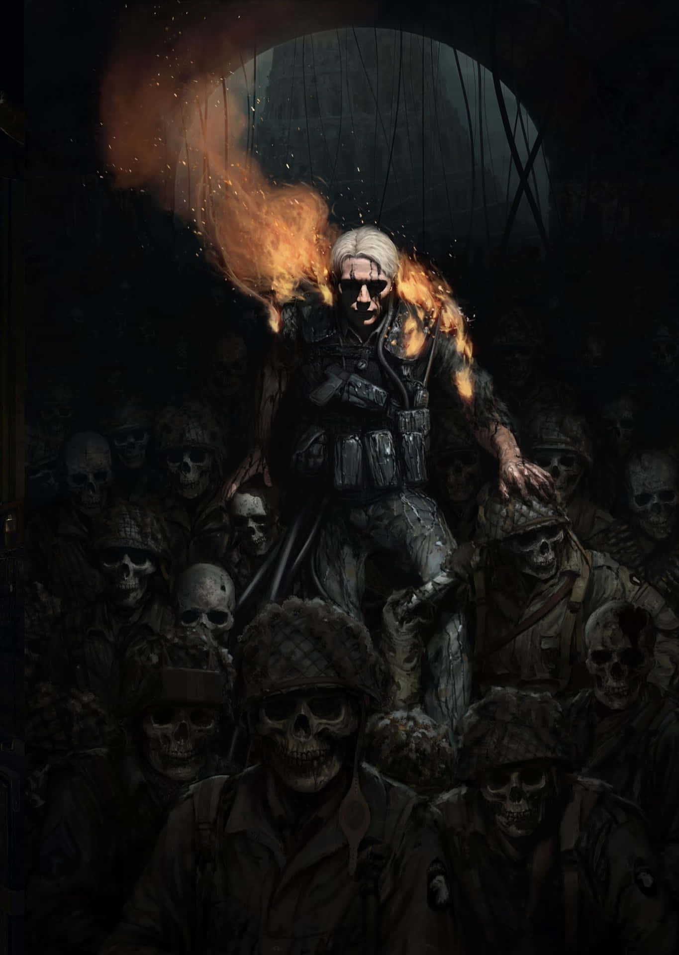 En mand står i et mørkt rum med en gruppe zombier. Wallpaper
