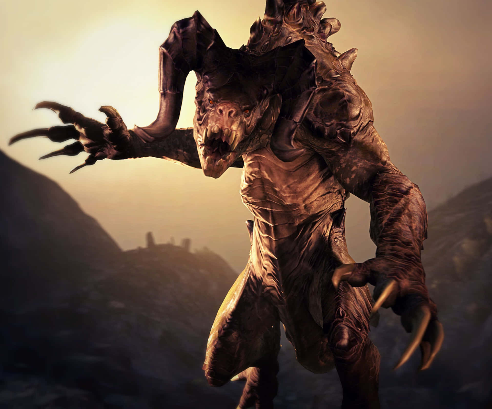 A Deathclaw stands tall in a desolate wasteland. Wallpaper