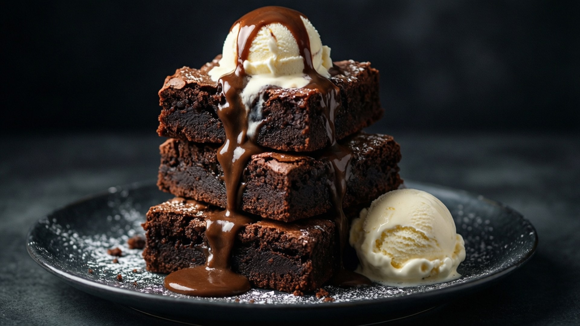 A stack of brownies with ice cream and hot fudge, dramatic lighting.