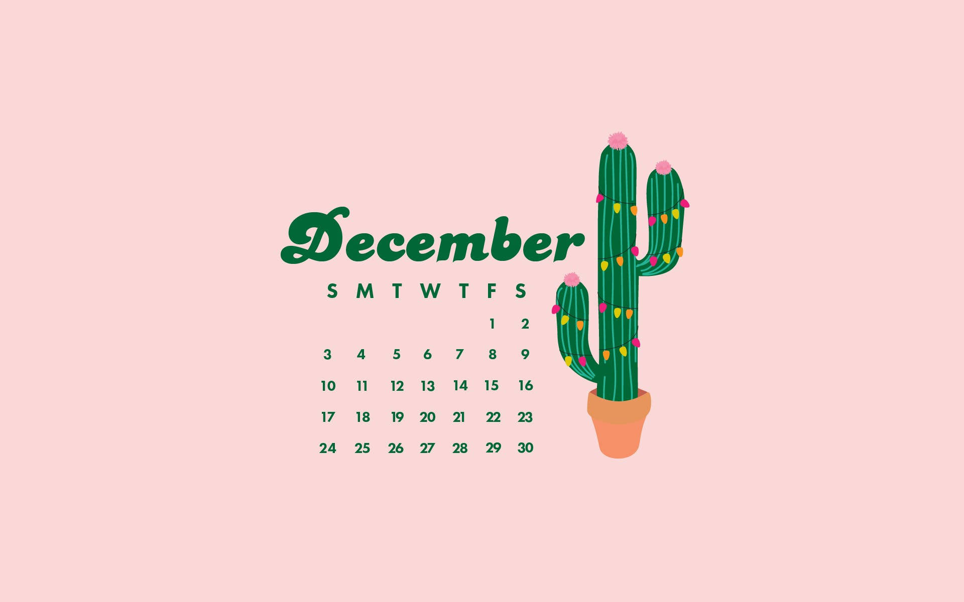 December Pink Cactus Calendar