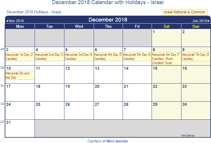 December2018 Holidays Israel Calendar PNG