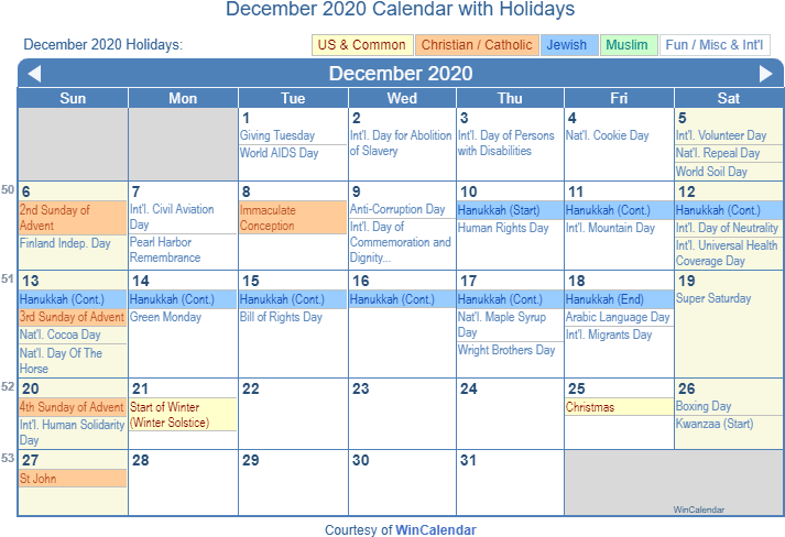 December2020 Holiday Calendar PNG