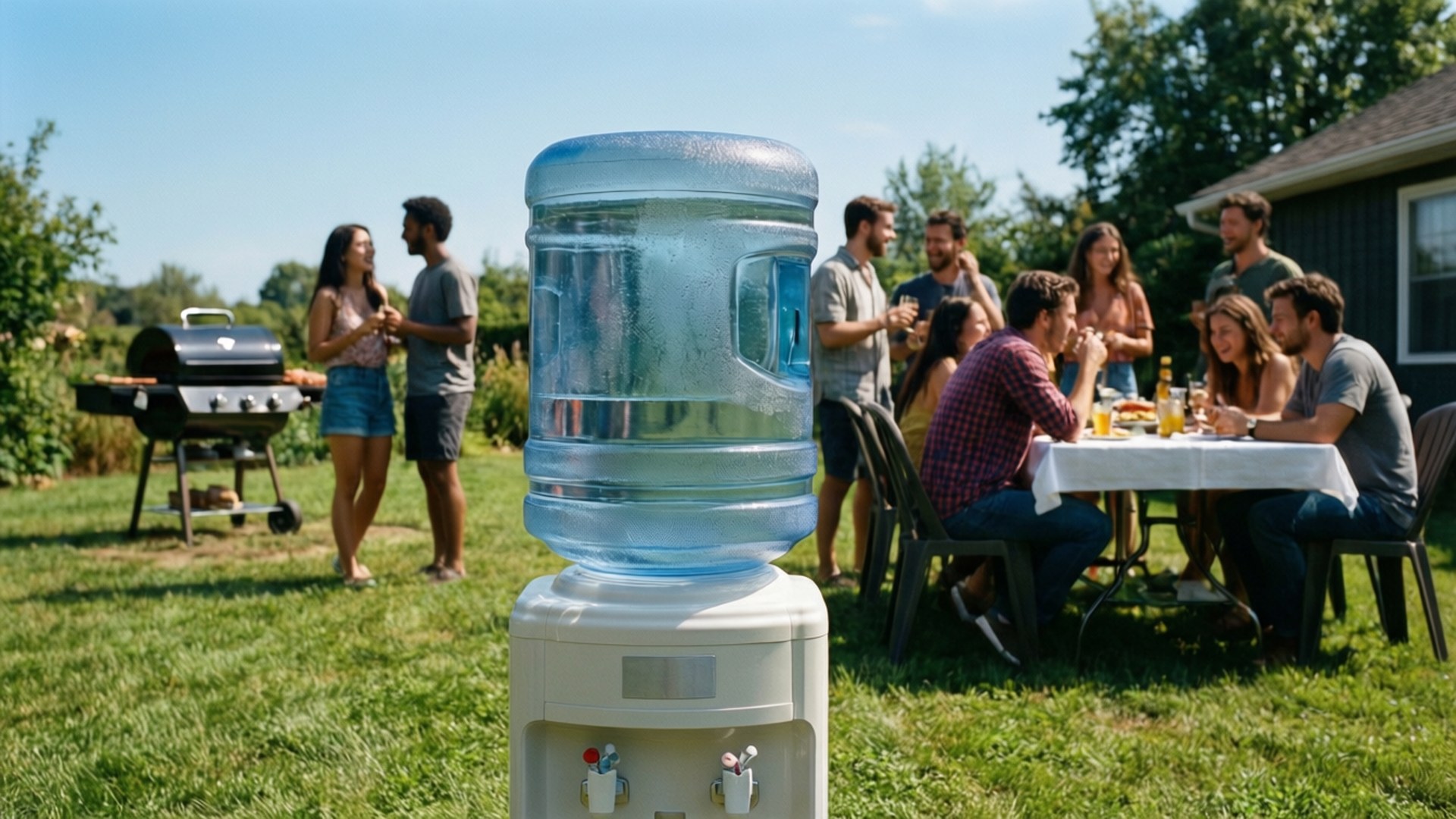 Vattenkylare på en uteplats under en utomhusfest.