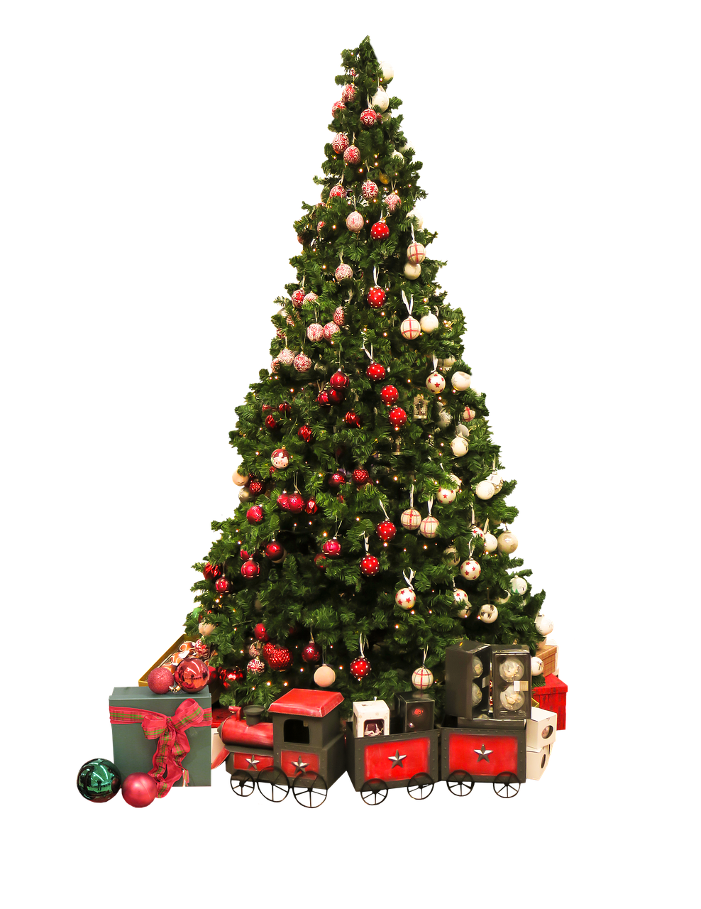Decorated Christmas Treewith Giftsand Train PNG