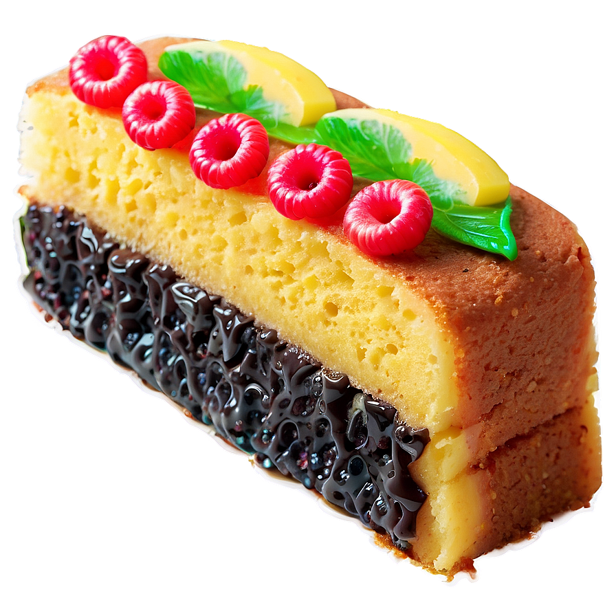 Decorated Sponge Cake Slicewith Chocolateand Fruit Toppings.png PNG