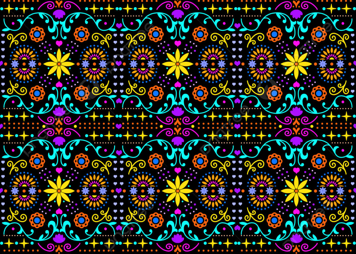 A Colorful Floral Pattern On Black Background