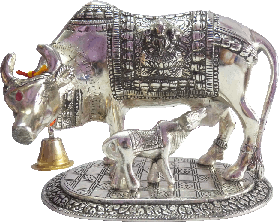 Decorative Silver Cowand Calf Statue PNG