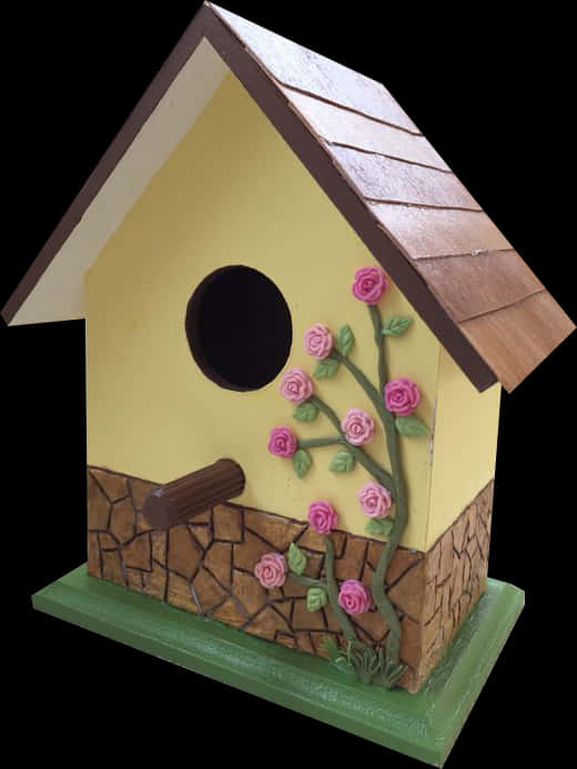 Decorative Yellow Birdhousewith Roses PNG
