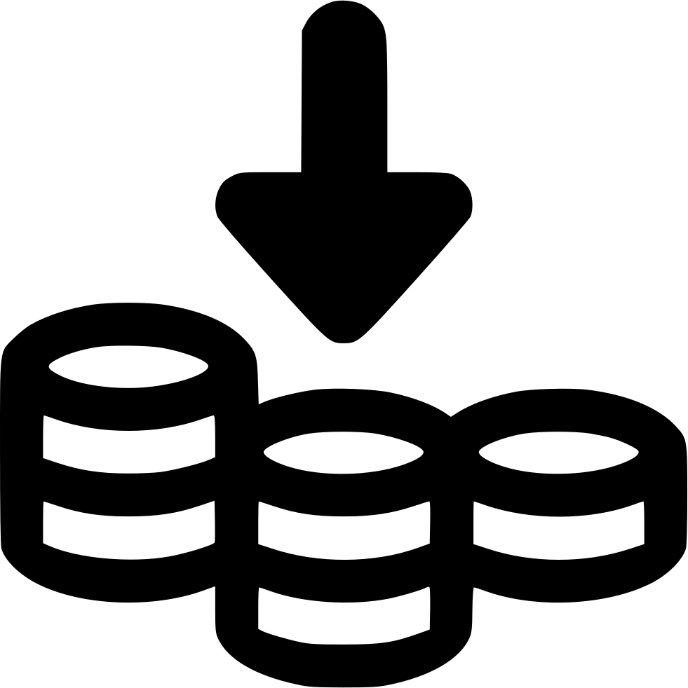 Decrease Investment Icon PNG — A bold black download icon with a downward arrow above stacked cylindrical shapes on a white background.