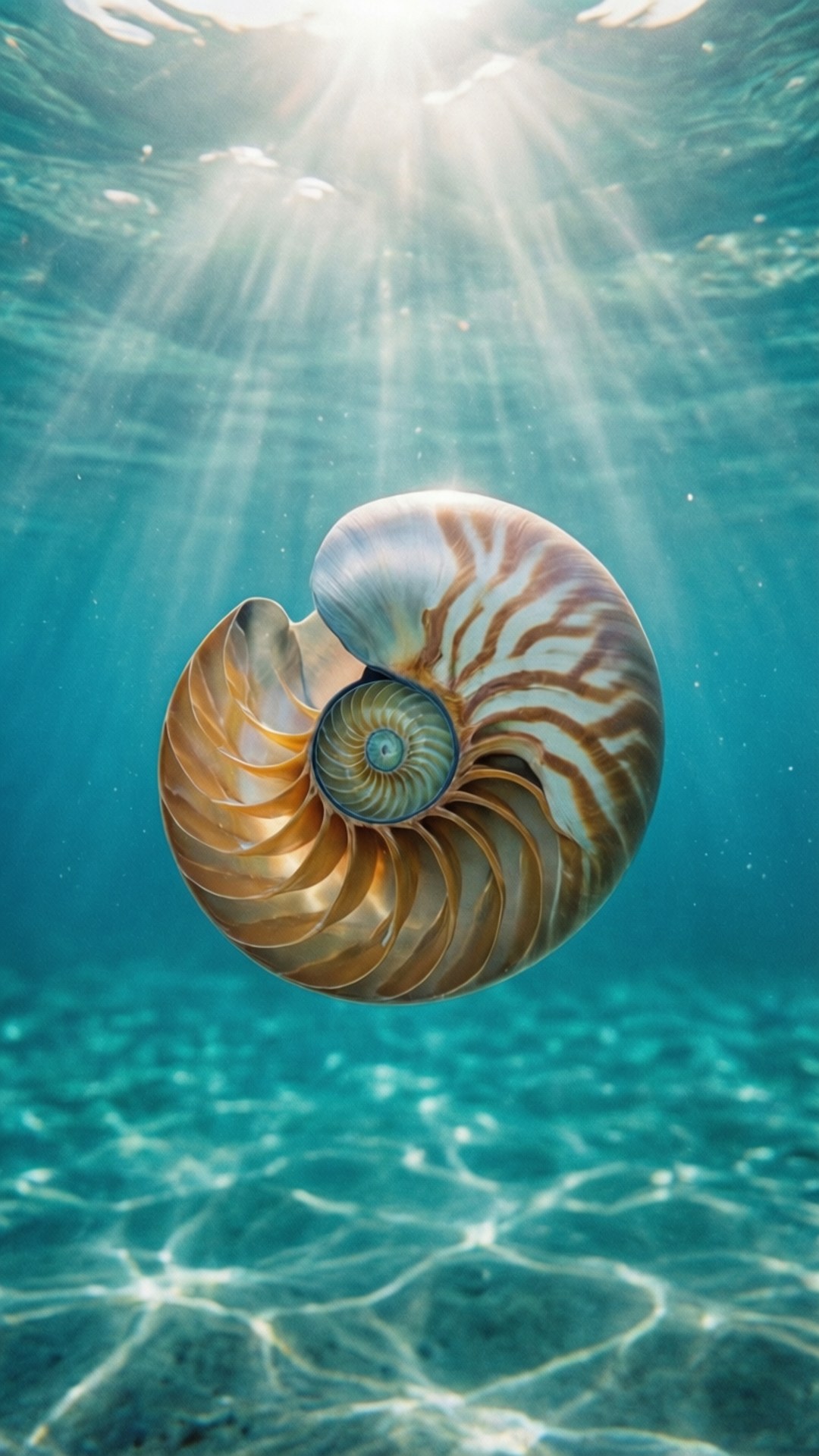 Et nautilusskall suspendert i klart turkis vann med solstråler, rolig og eterisk.
