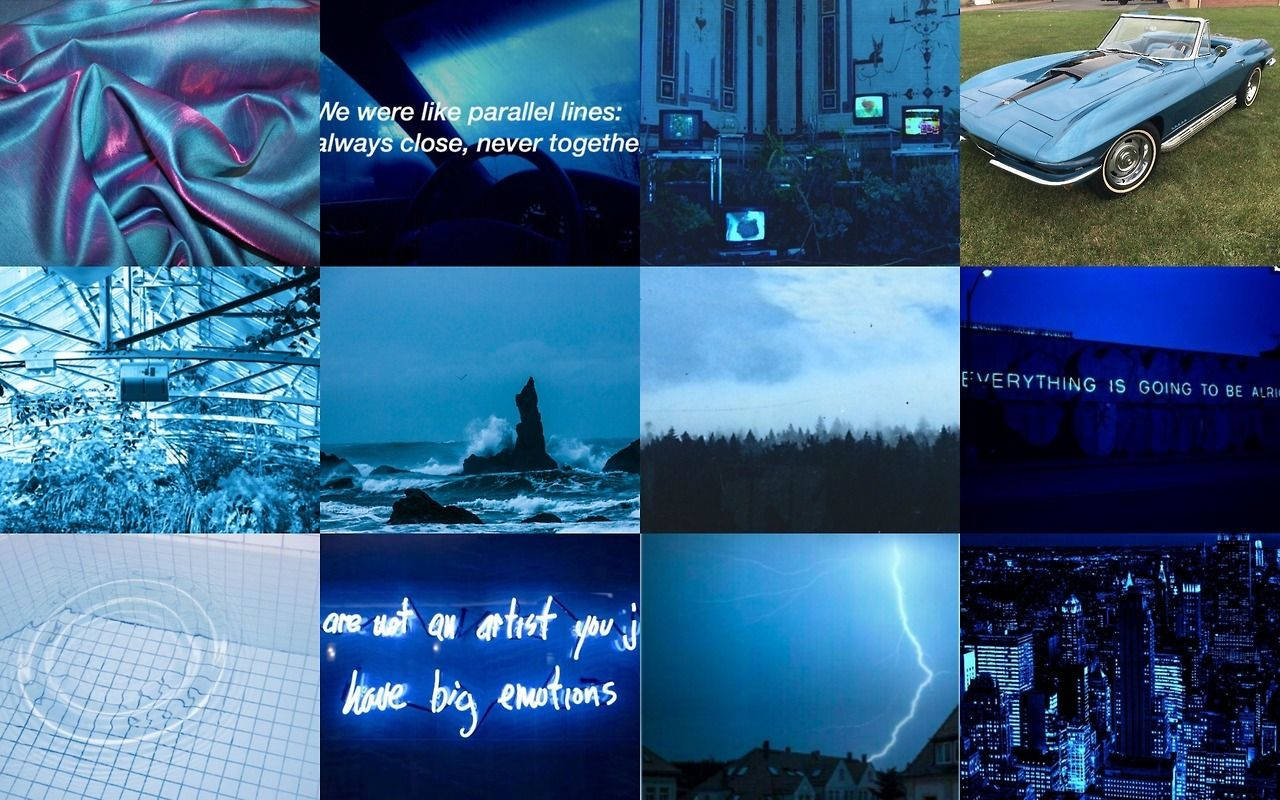 Deep Blue Theme Aesthetic Collage Laptop Wallpaper