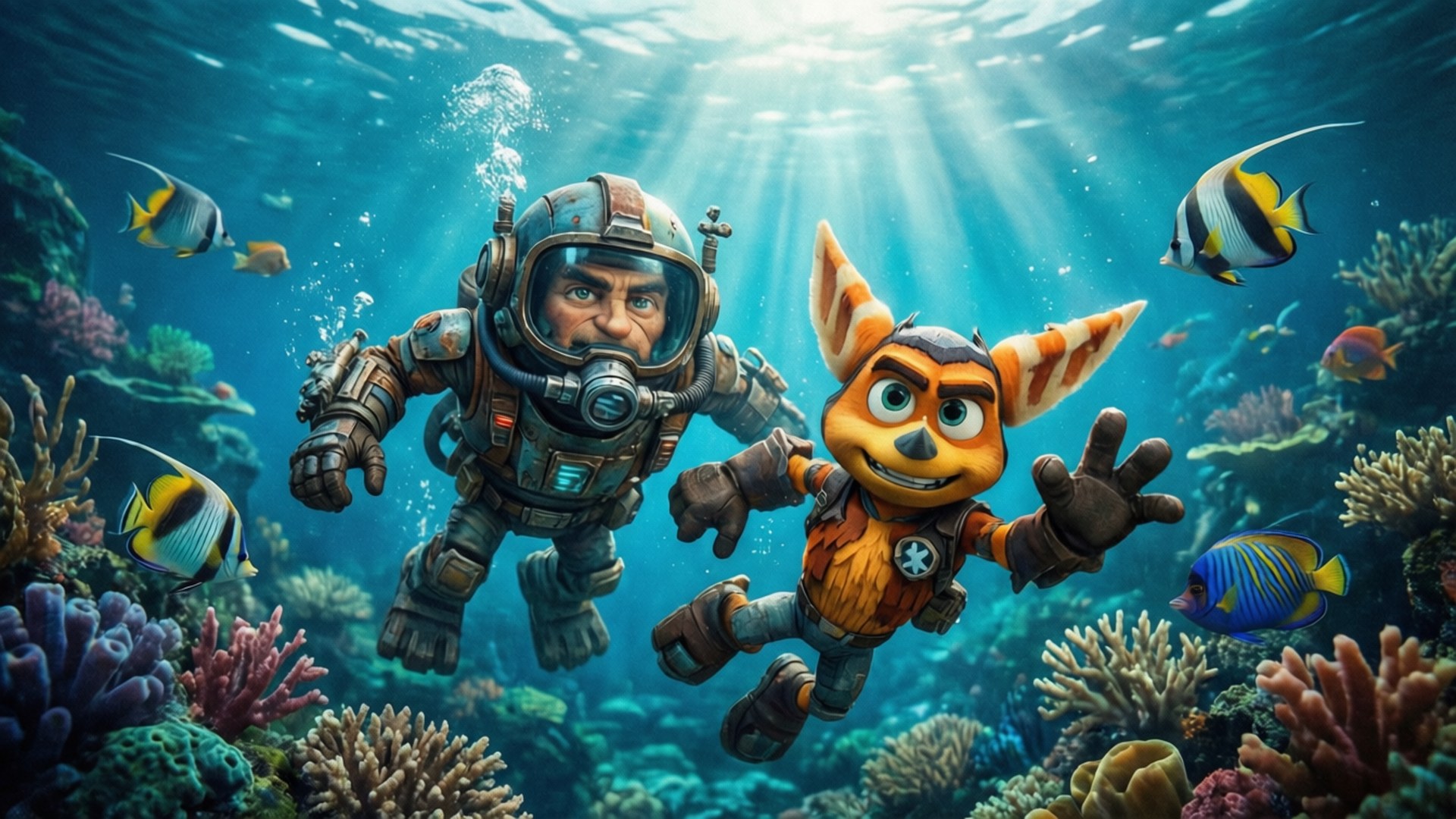 Dykdykning Wallpapers — Ratchet og Clank udforsker en undervandsverden i denne akvatiske baggrund.