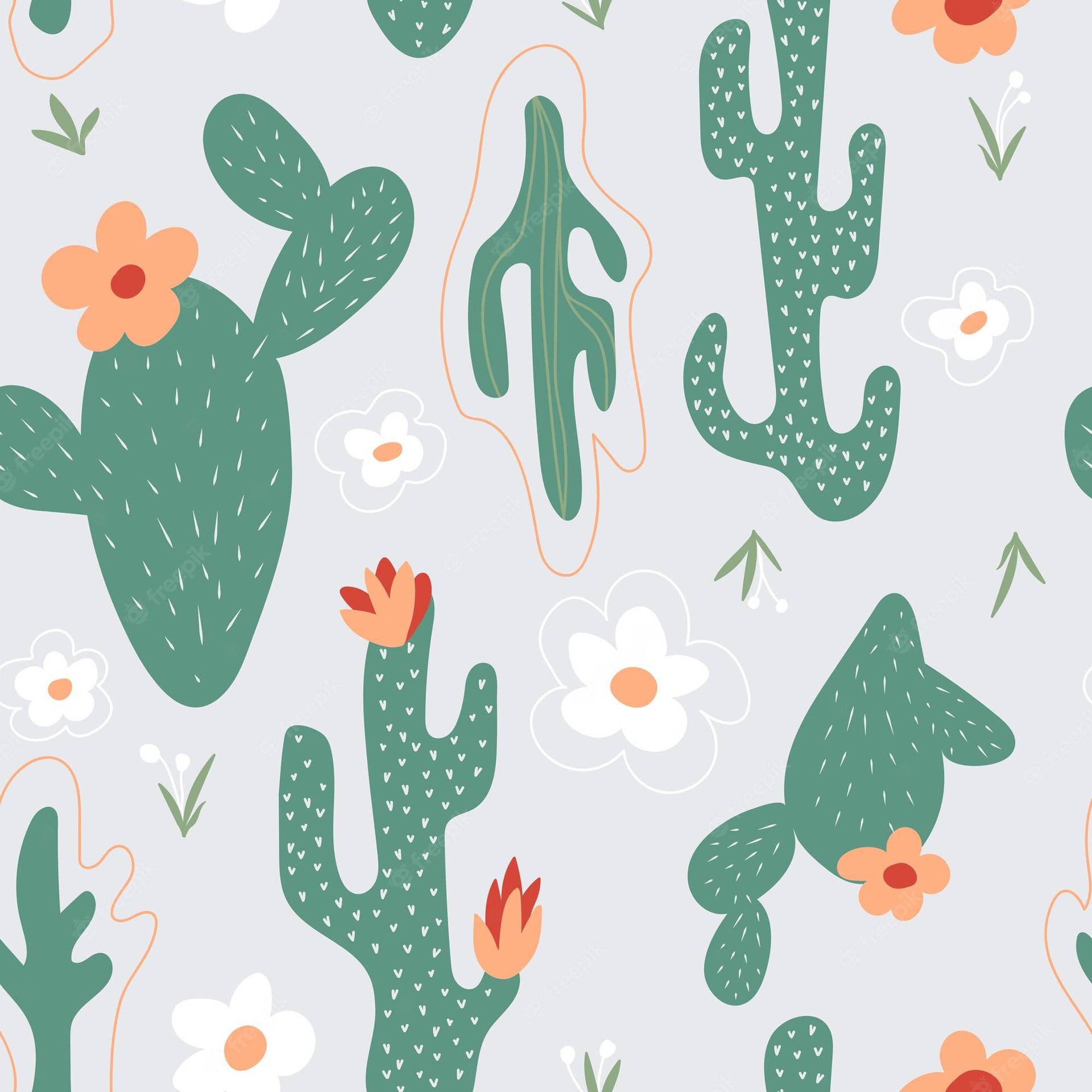 Deep Green Pastel Cactus Wall Art Wallpaper