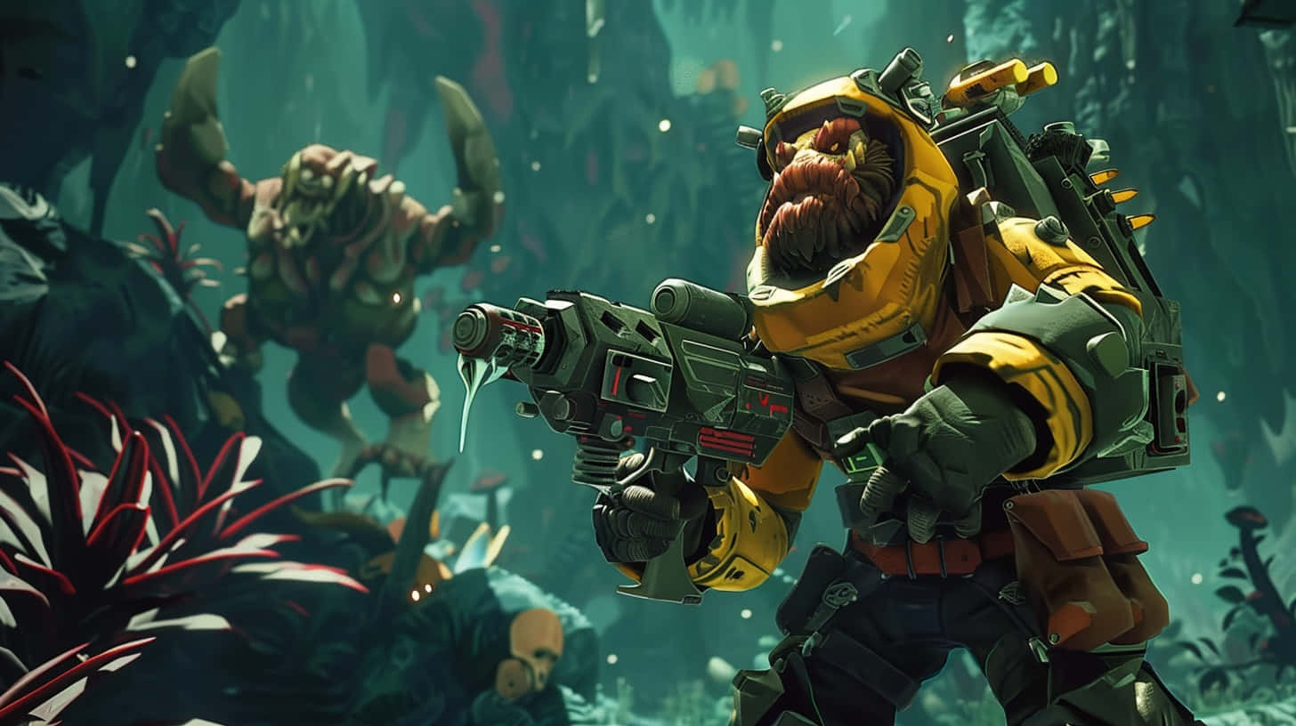 Download Deep Rock Galactic Dwarf Battle Wallpaper | Wallpapers.com