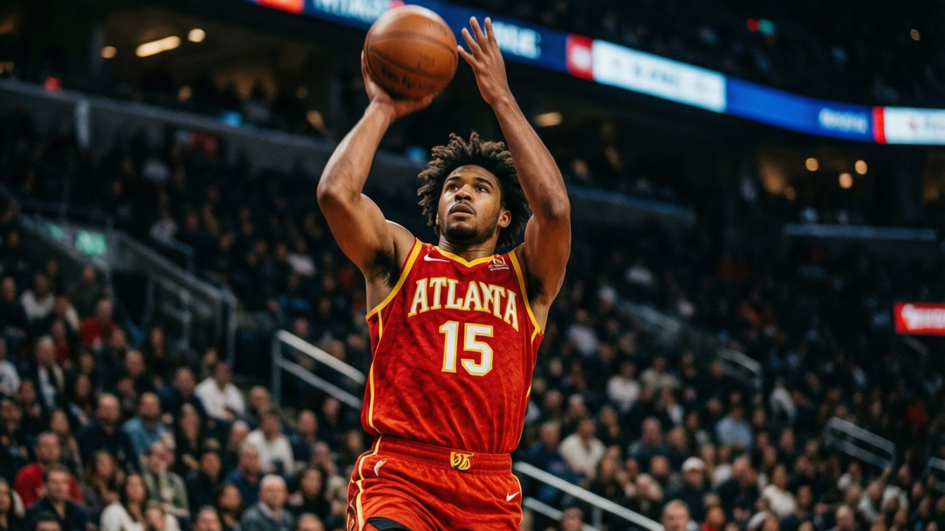 Trae Young lanzando un triple profundo en una arena llena