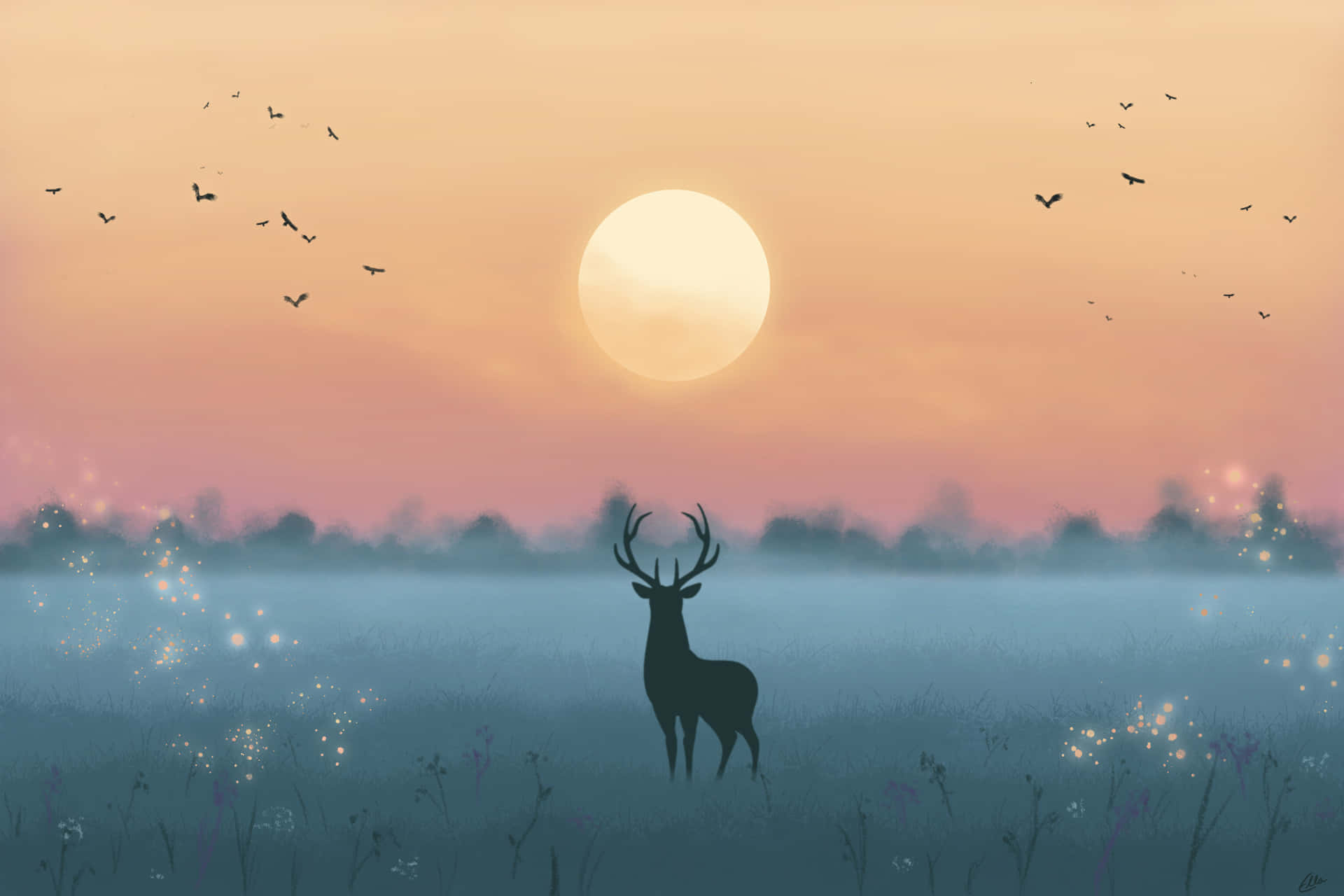 A majestic deer jumps gracefully through a sunlit field Wallpaper