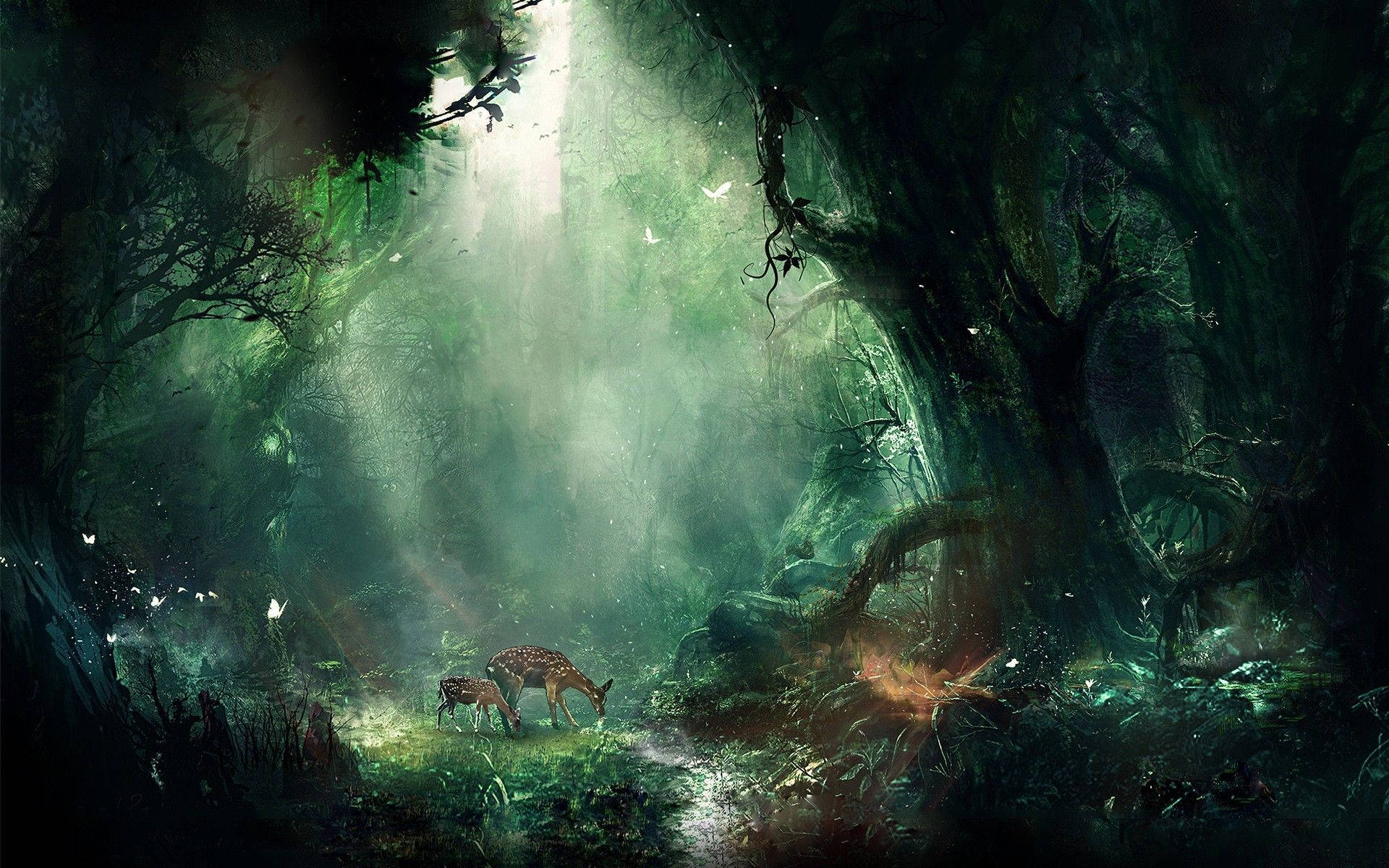 Deer Grazing In An Enchanted Forest Background