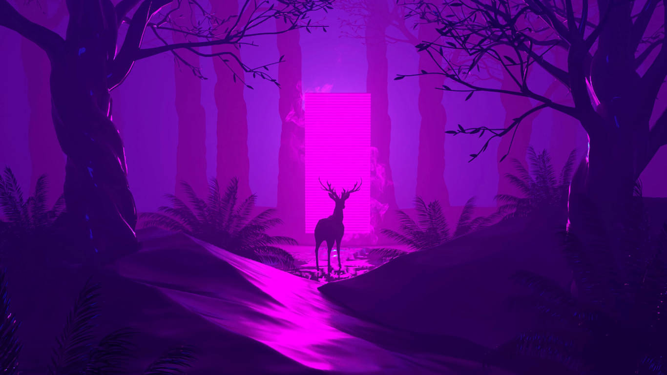 Deer In Dark Purple Forest