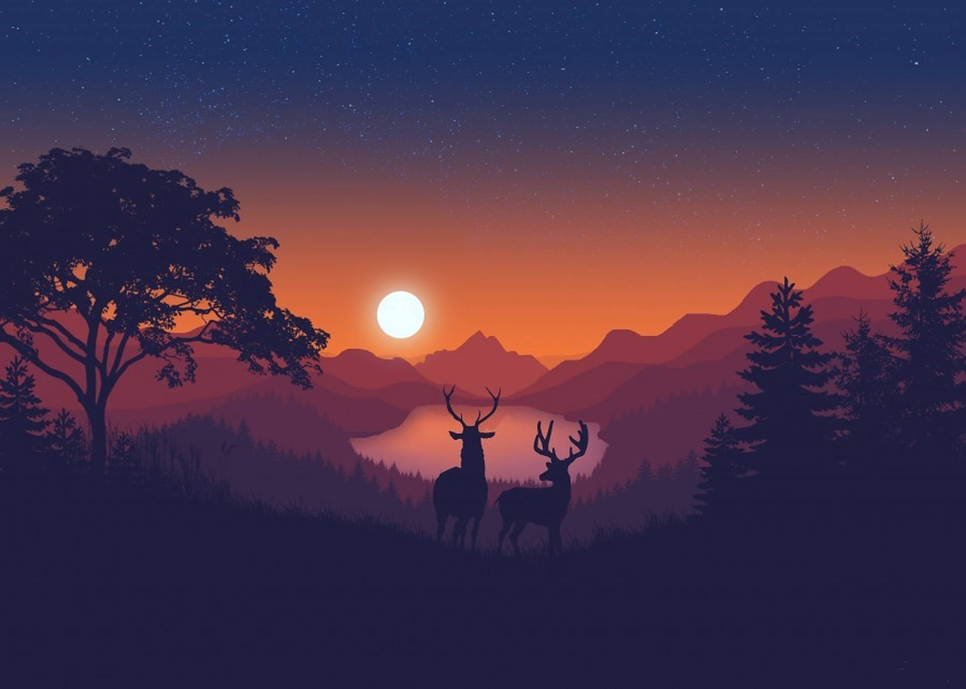 Deer In Forest Sunset Sky Wallpaper