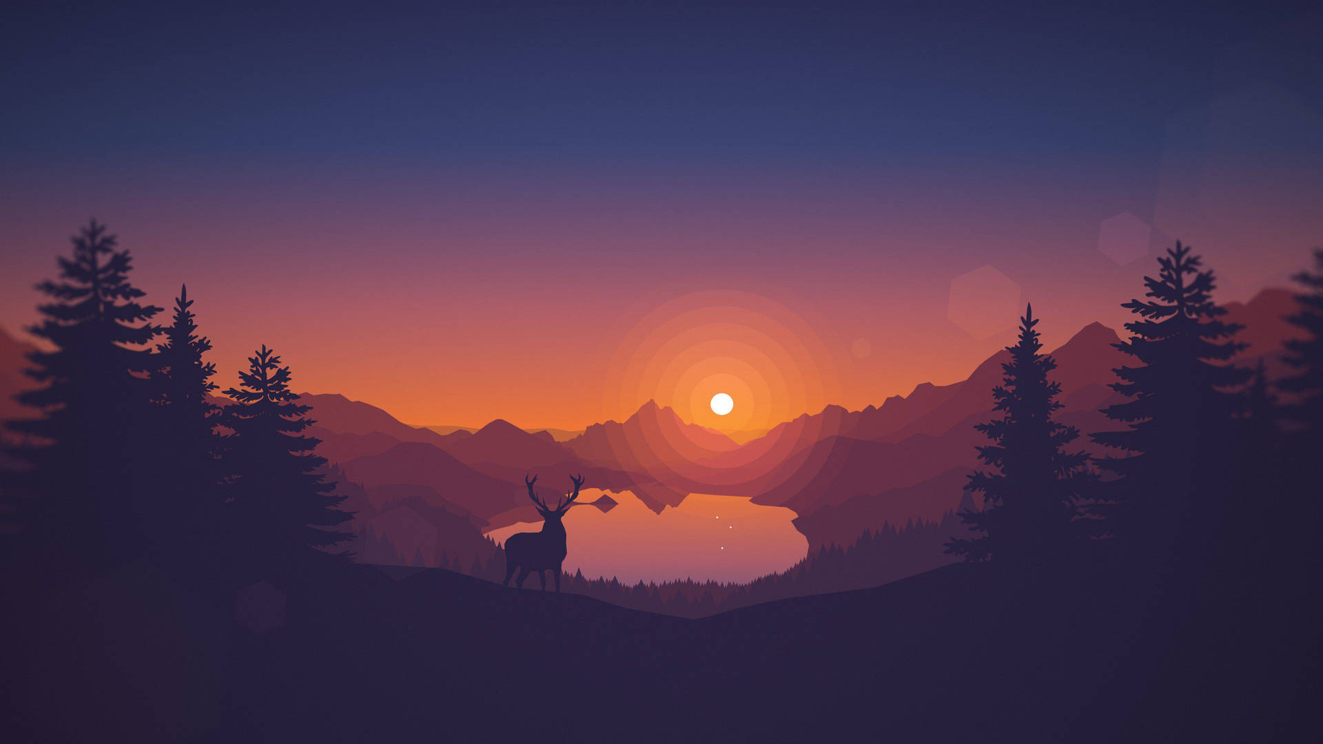 A silhouette of a mountain and deer under the setting sun. Wallpaper