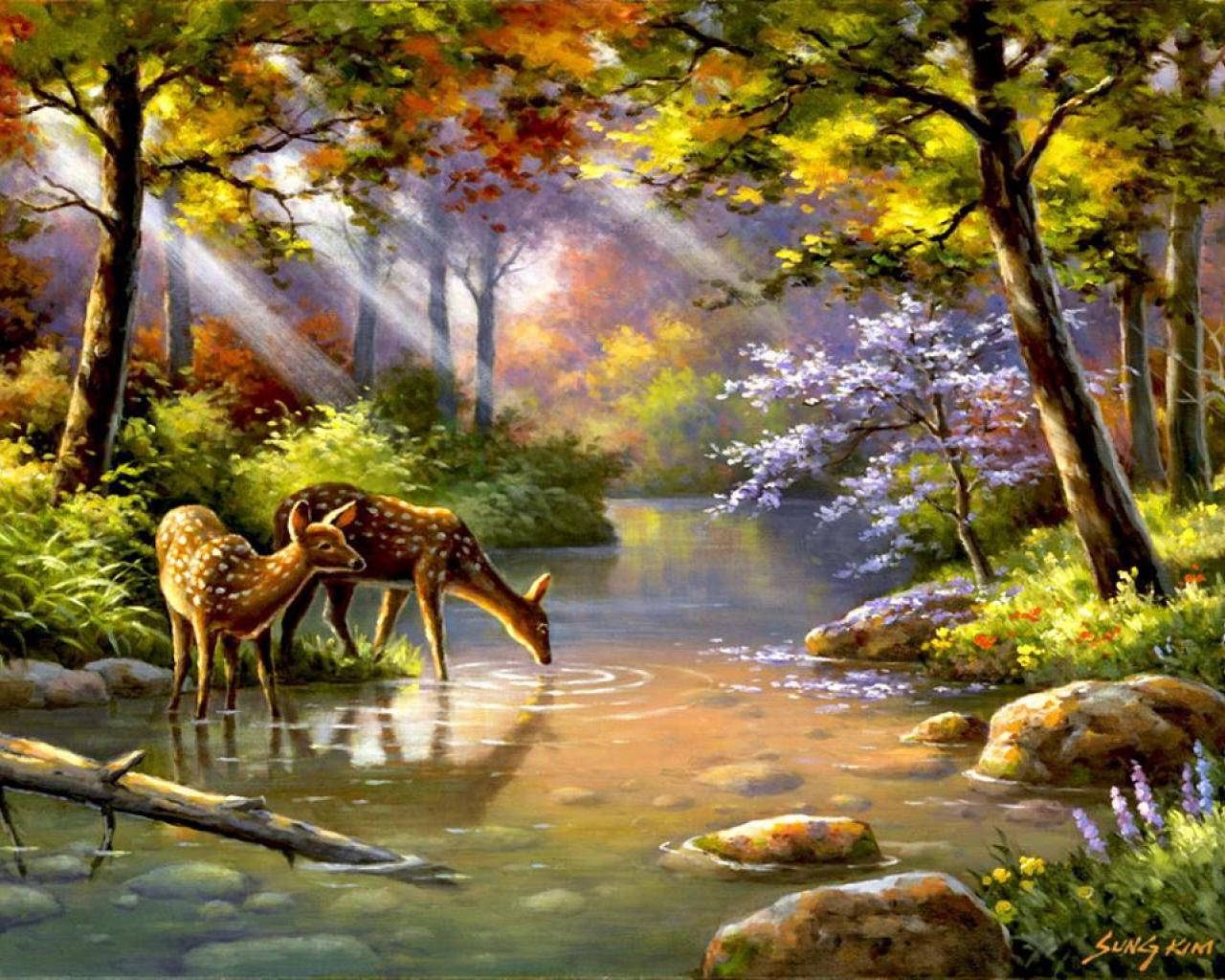 Deer On River Paint Art Wallpaper