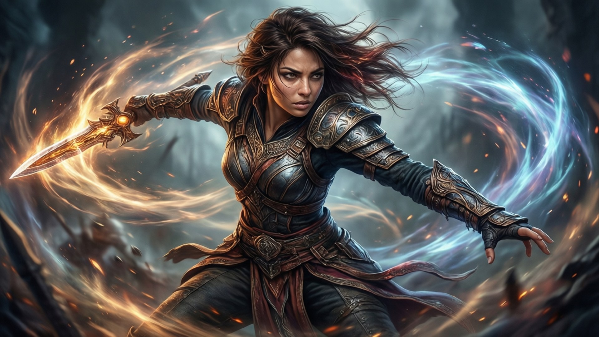 Dehya canalise le vent élémentaire, tourbillonnant autour d'elle au combat, son arme brillant alors qu'elle se prépare à frapper.