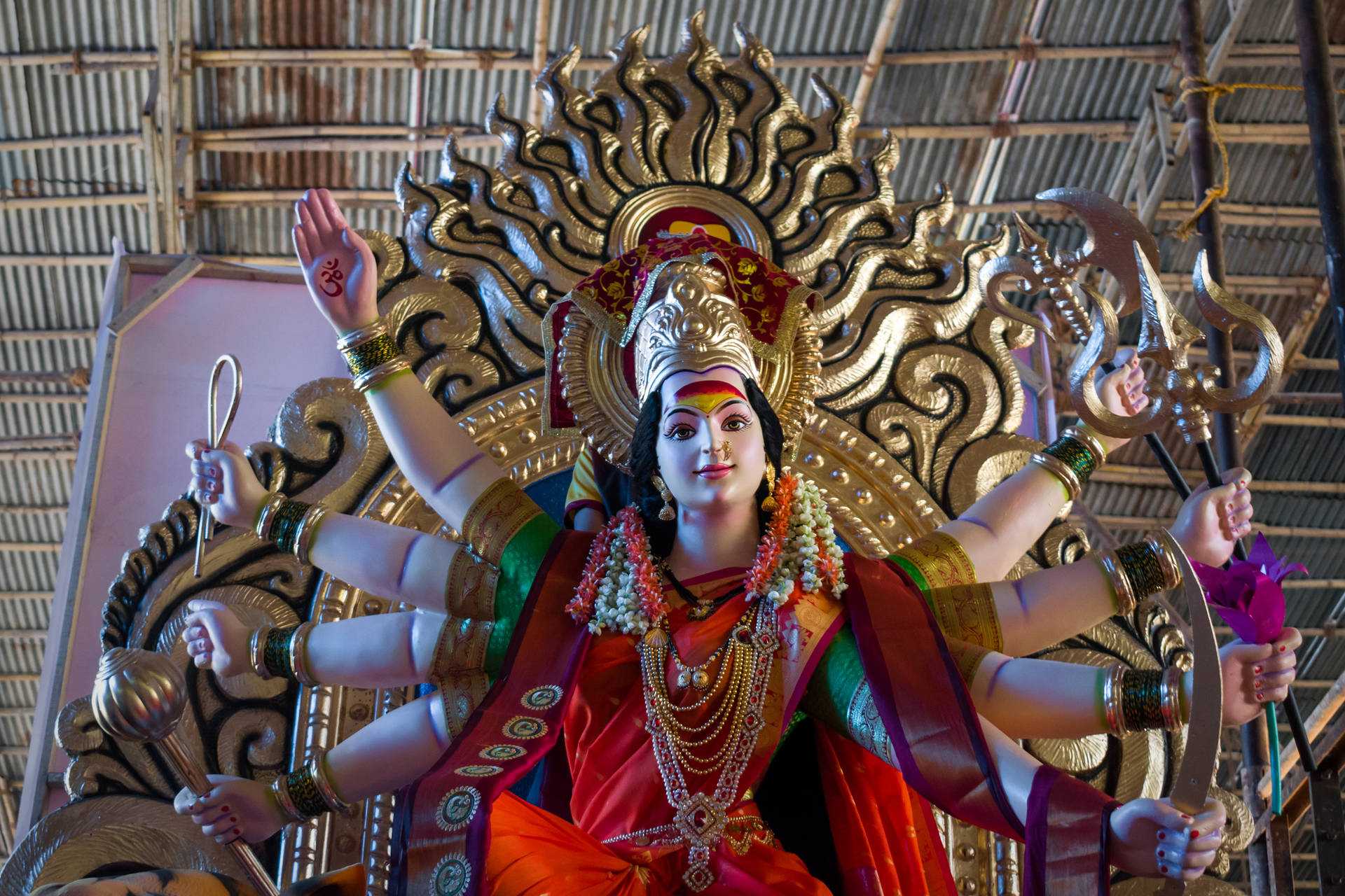 Deity Maa Durga On Golden Throne Wallpaper