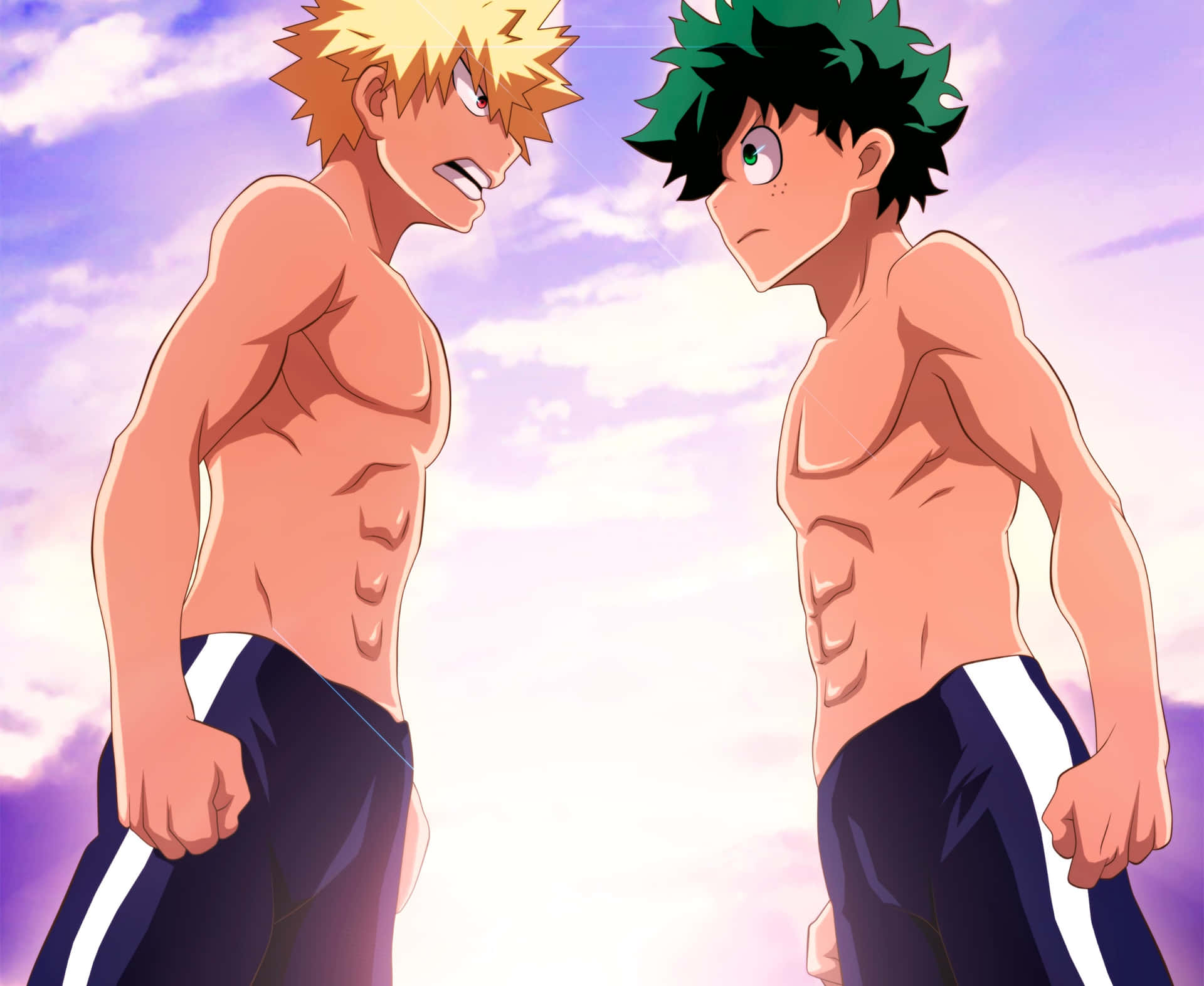 Deku Og Rival Uten Skjorte Anime Konfrontasjon Bakgrunnsbildet