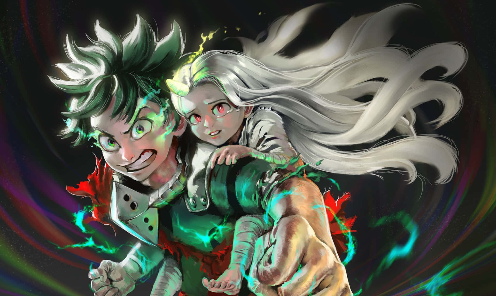 Deku and All Might, Engaged in a Character Defining Moment in 'My Hero Academia' Wallpaper