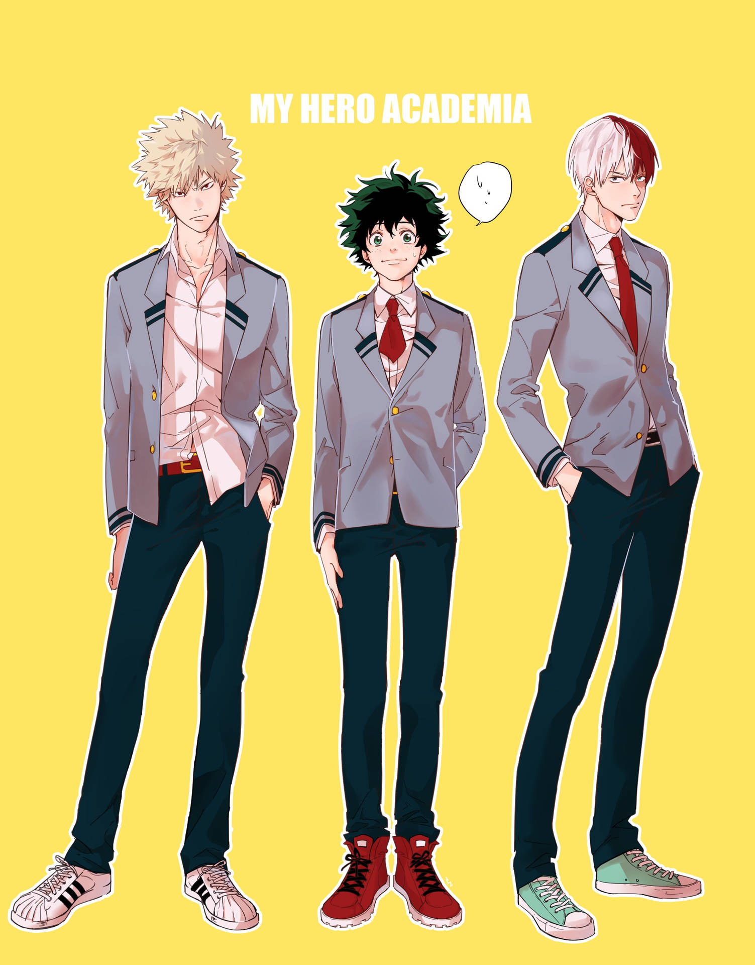 Deku, Todoroki, and Bakugou - heroes of the popular manga and anime series My Hero Academia. Wallpaper