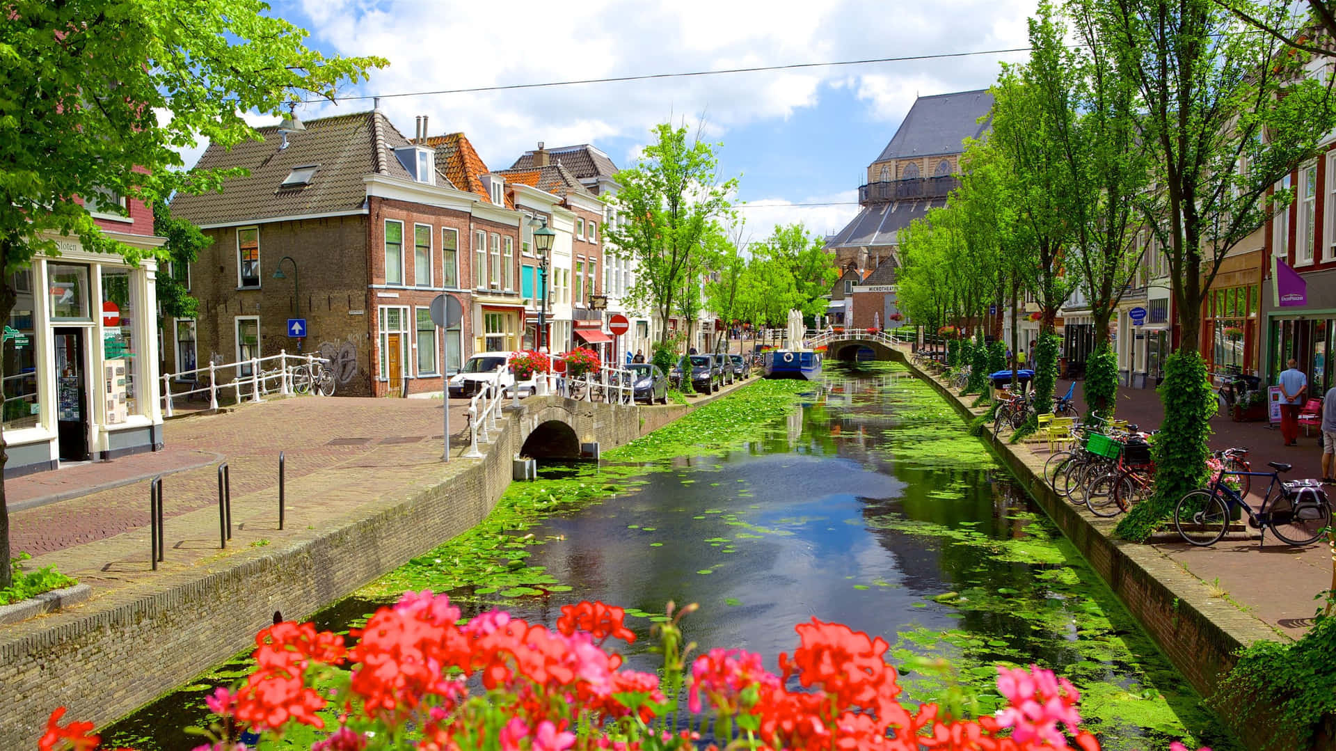 Delft Kanaal Uitzicht Zomer Dag Achtergrond