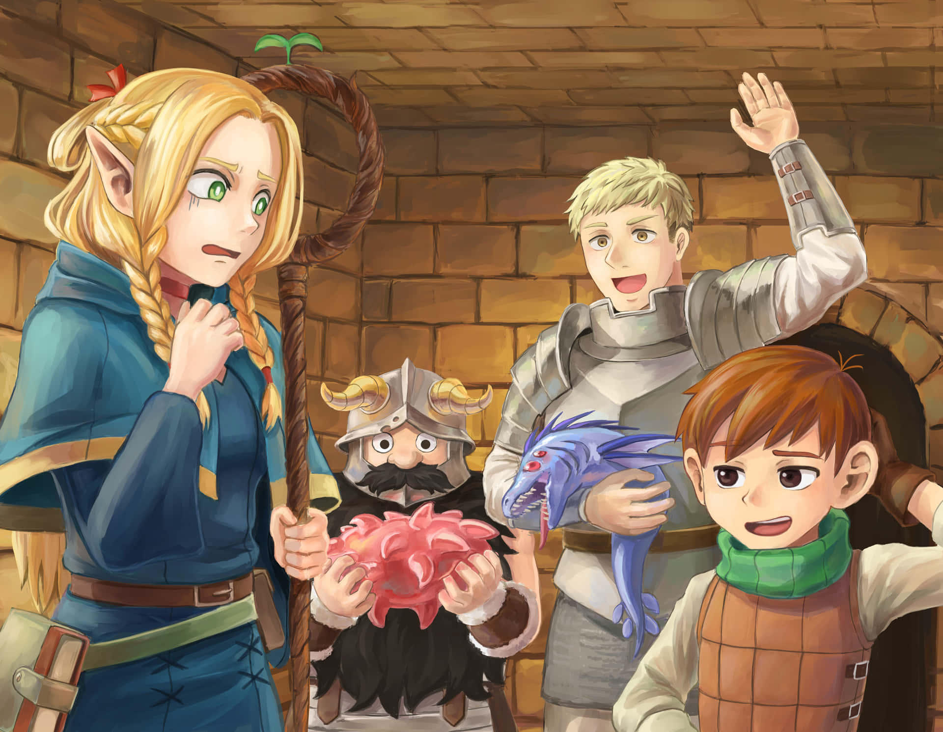 Delicious In Dungeon Adventurersand Monster Meals Wallpaper