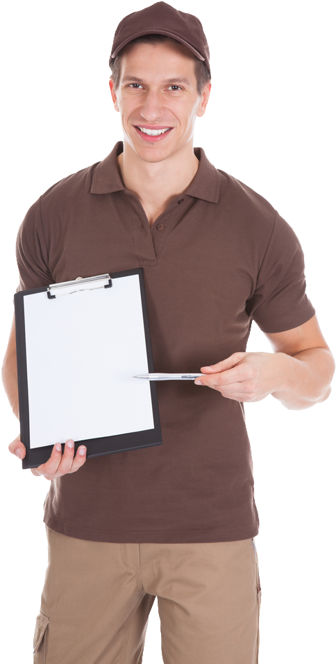 Delivery Man Presenting Clipboard PNG
