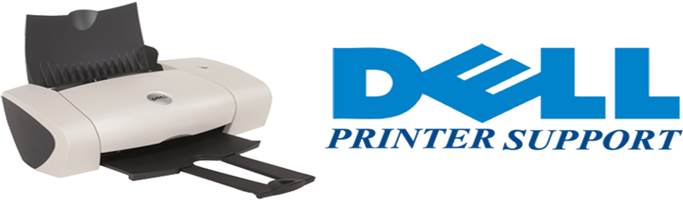 Dell Printer Support Graphic PNG — A white Dell printer with open paper tray beside blue Dell Printer Support logo on black background.
