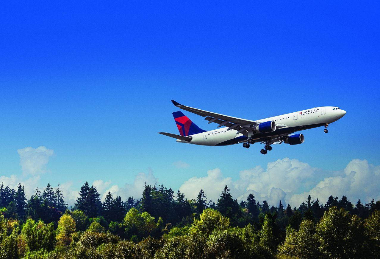 Delta Airlines flyvende over skovtræer natur tapet Wallpaper