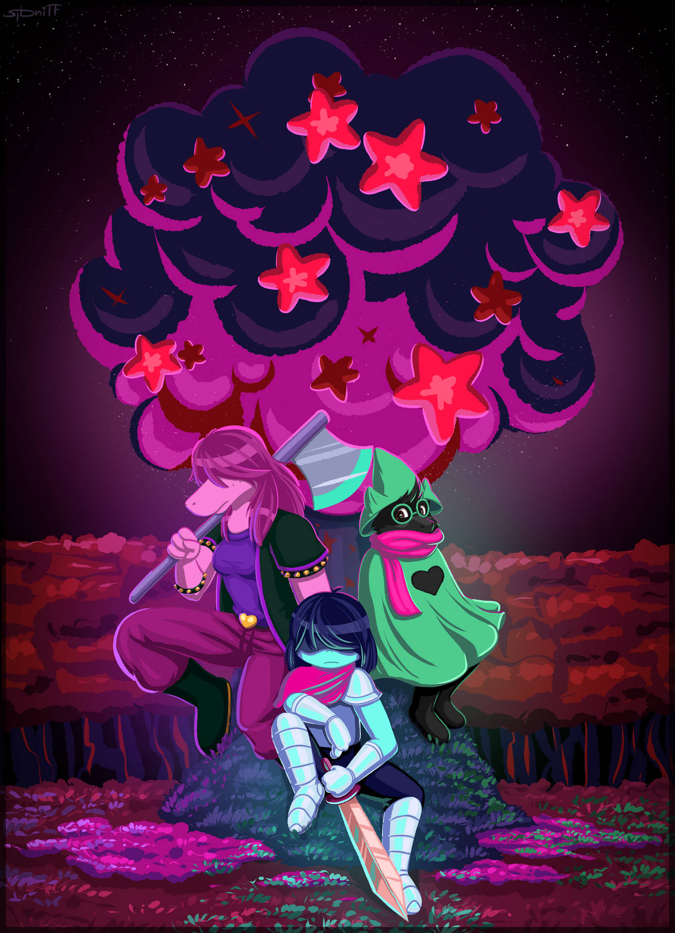 Kris, Susie and Ralsei from Deltarune in a night sky Wallpaper