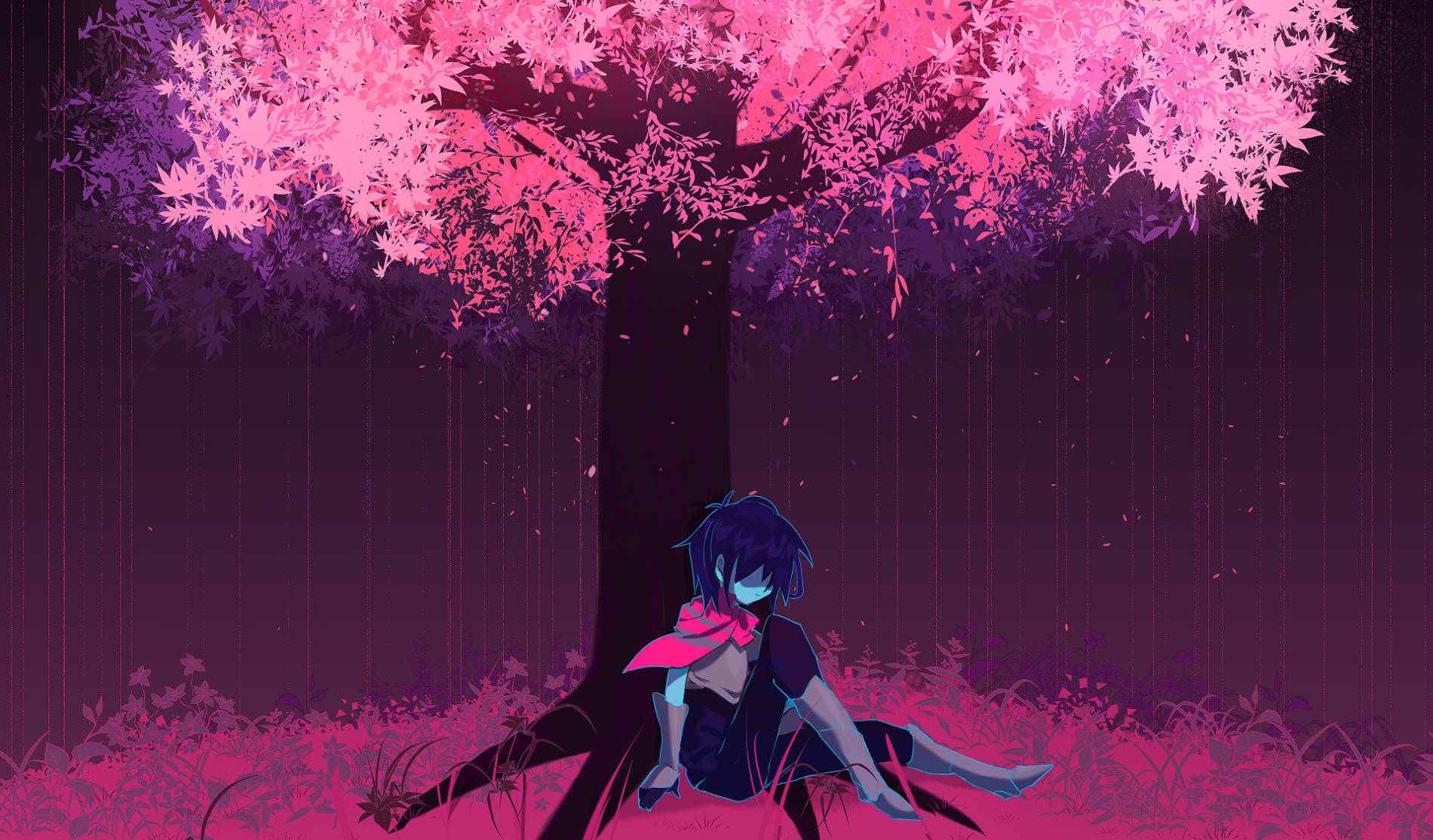 Kris Taking a Moment at a Pink Tree in Deltarune Wallpaper