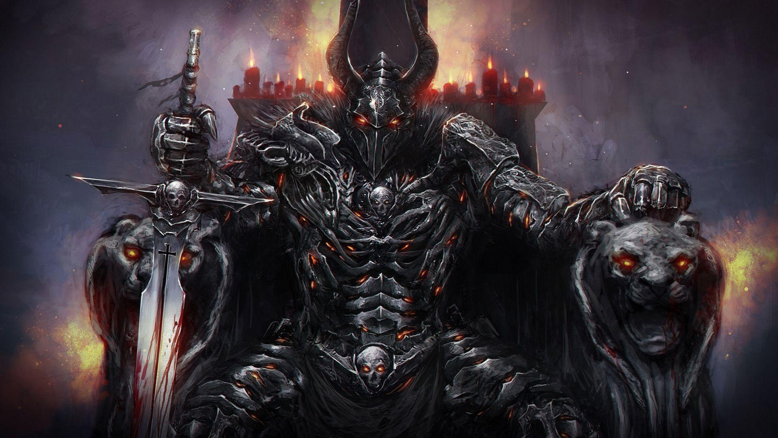 "Face Your Fears" Background — A dark armored demon king with glowing red eyes sits on a throne flanked by two demonic beasts holding swords and candles.