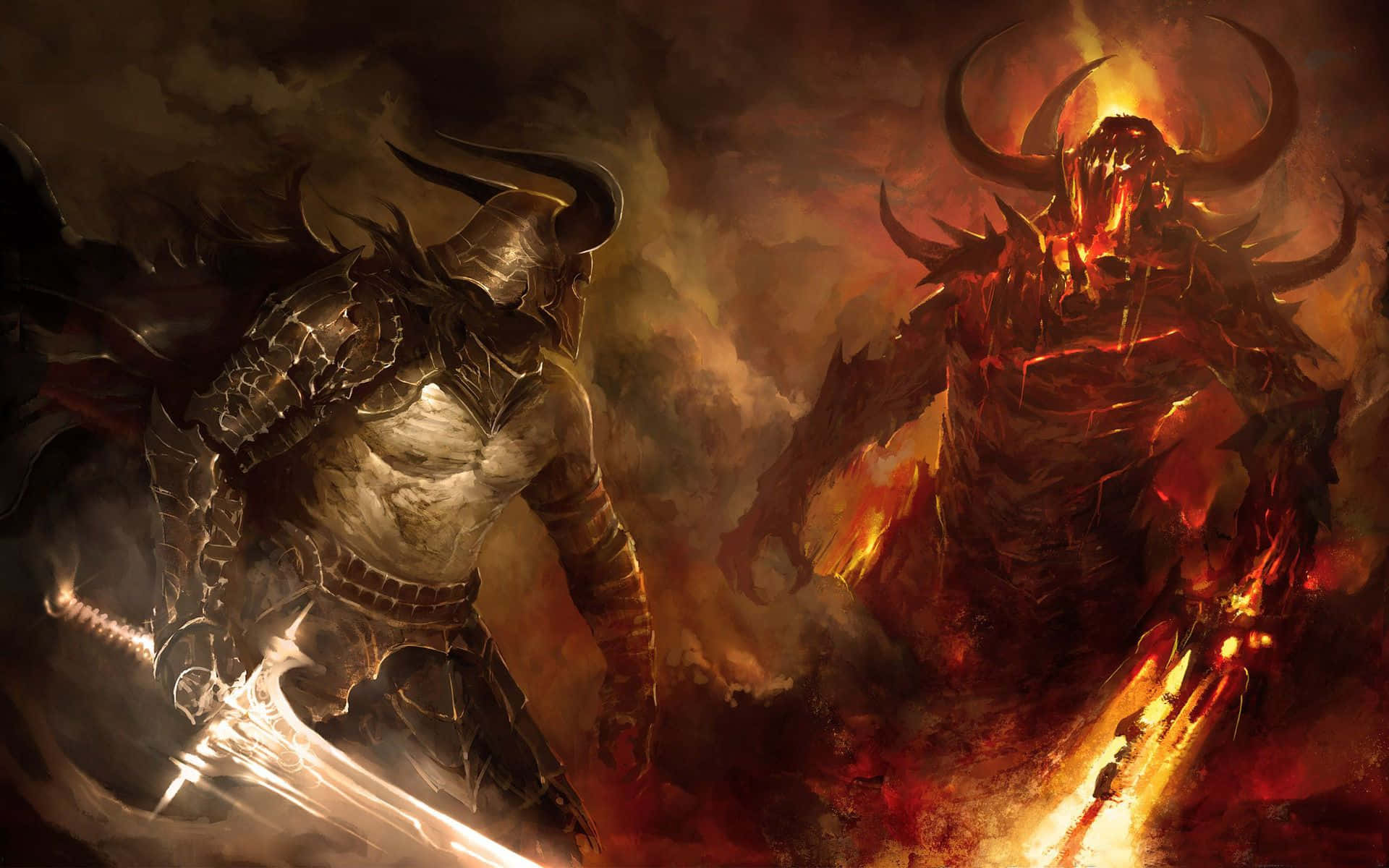 Two brave warriors battle a monstrous demon Wallpaper