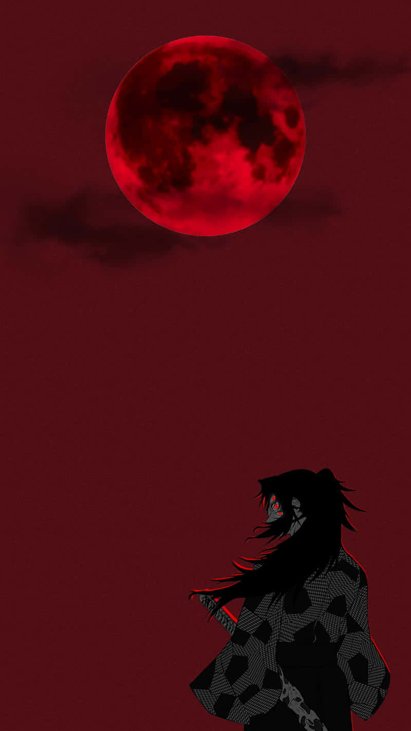 A Silhouette Of A Man With Long Hair Standing In Front Of A Red Moon Wallpaper