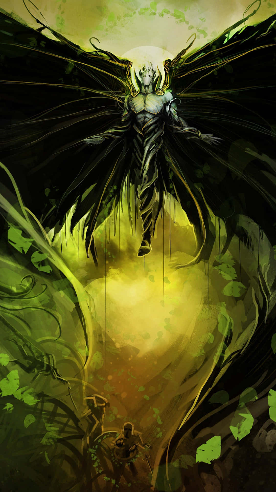 A Black And Green Creature With Wings Flying Over A Forest Wallpaper
