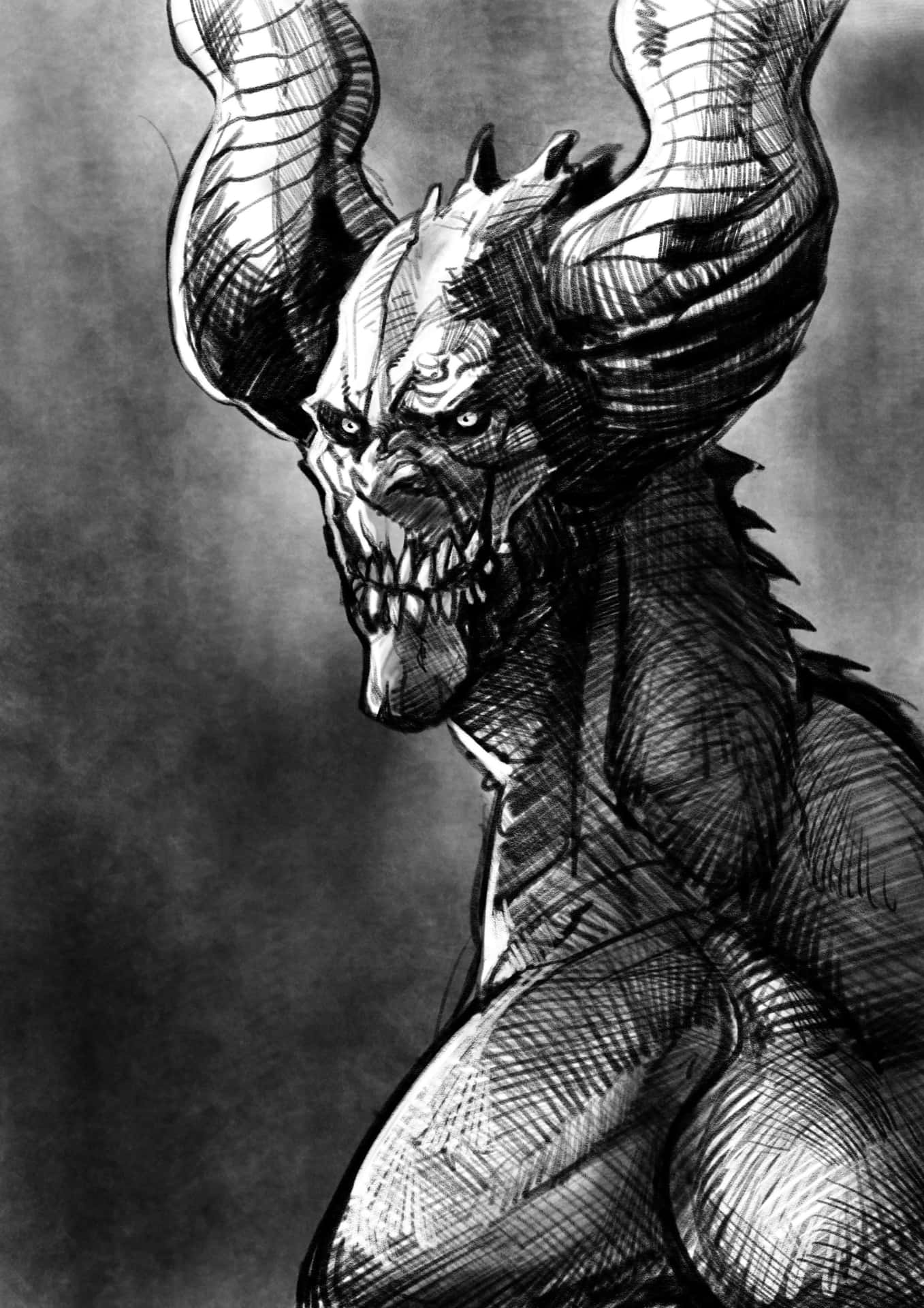 Et sort og hvidt tegning af en dæmon med horn.