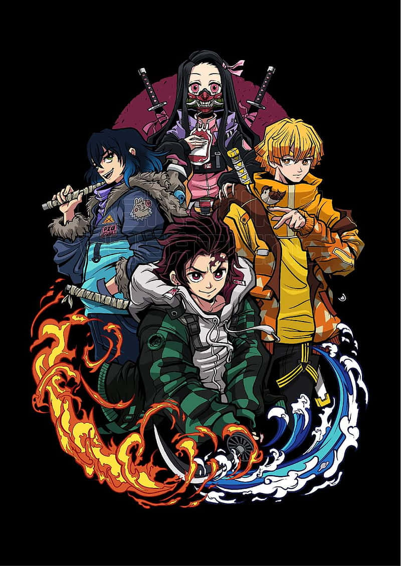 Nezuko, Inosuke, Zenitzu og Tanjiro fra demonhærer-animeen er på tapetet. Wallpaper