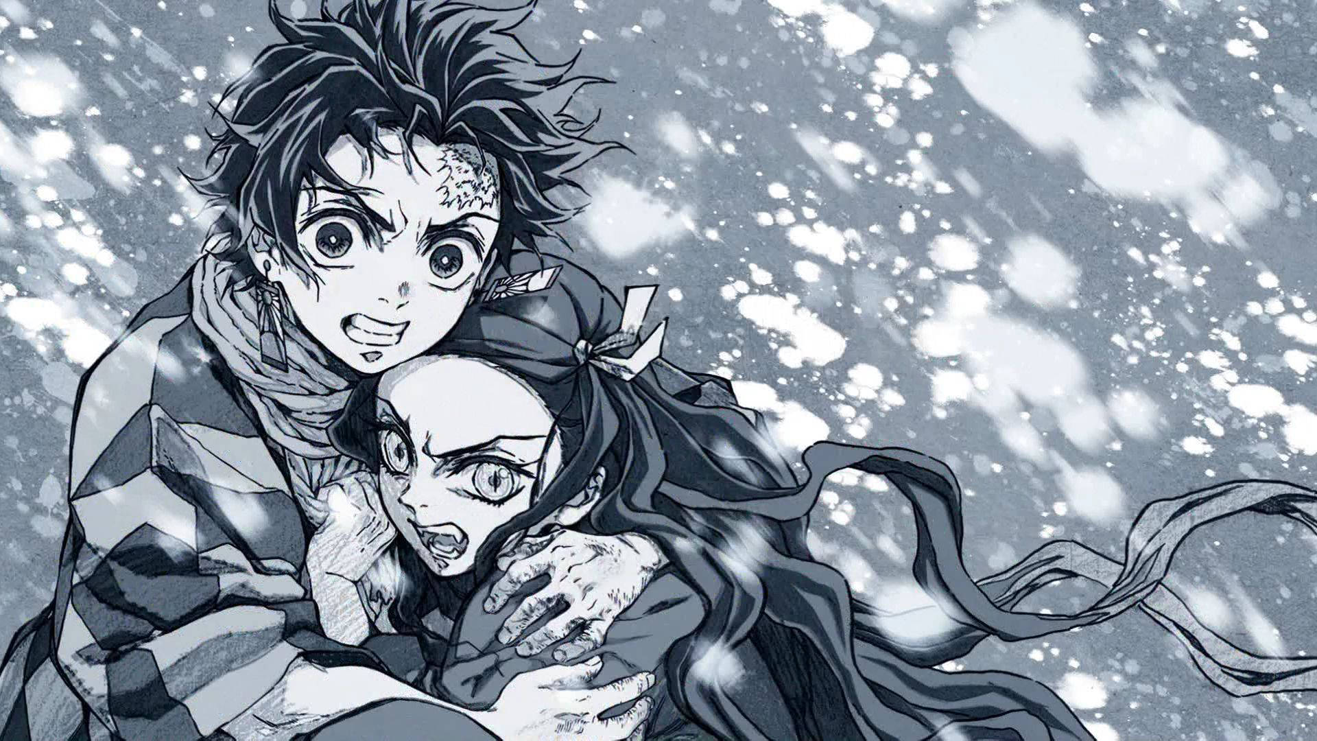 Unpar De Personajes De Anime Abrazándose En La Nieve. Fondo de pantalla