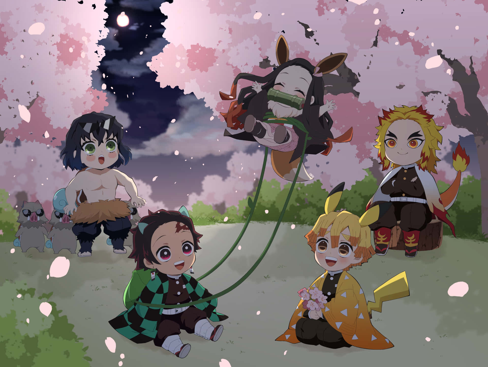 Demon Slayer Characters Under Cherry Blossoms Wallpaper