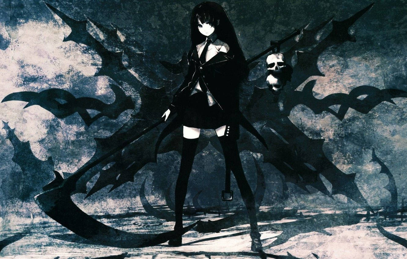 Demon Slayer wallpaper of anime girl wearing all black carrying a long scythe. 