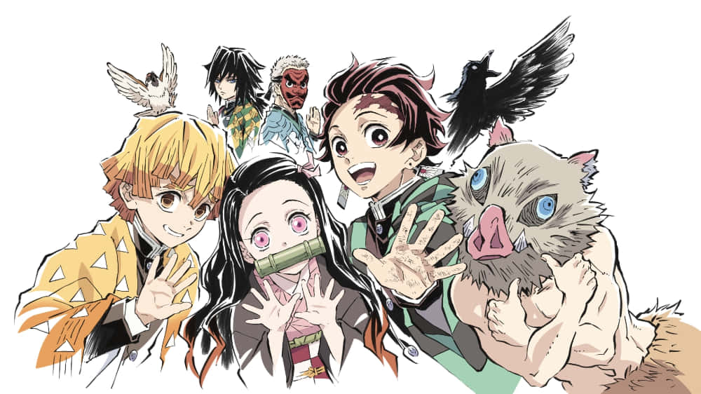 En gruppe anime-karakterer med hænderne op mod himlen Wallpaper